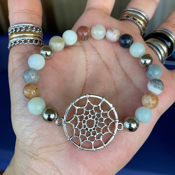 Amazonite gem beads silver dream catcher bracelet - Picture 9 of 11
